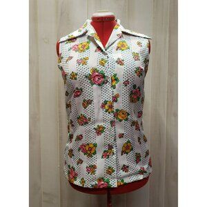 Vtg Sleeveless Button Up Blouse, Le Soft Shirt Lady Manhattan , Sz 14 Floral Dot